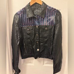 BLANC NOIR Black Faux Leather Jacket with Denim Accents